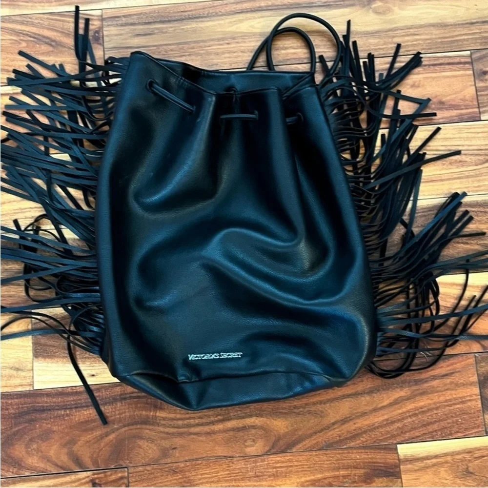 Victorias Secret Black Adjustable Backpack Fringe Boho Festival Concert